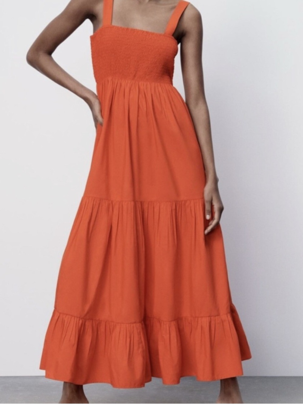 Zara Orange Smocked Tiered Maxi Dress